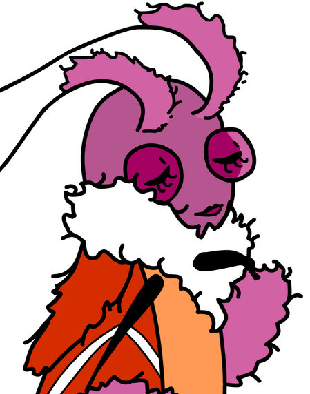 Portrait of a pink moth character. She looks distinguished and has tainted purple sunglasses. Her color palette is picked from the Lesbian Flag.