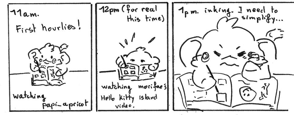 A comic strip of a monkey character drawing in his sketchbook. The first panel is labeled "11am. First hourlies!" Second panel: "12pm (for real this time)" the monkey is still drawing but looks more flustered. Third and last panel: "1pm. Inking. I need to