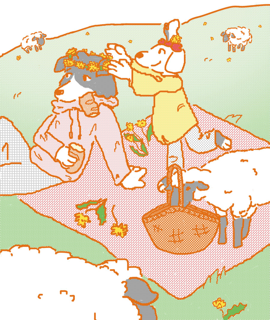 An anthropomorphic border collie and an anthro sheepdog are in a field, on a blanket. The border collie is sitting, leaning back on their hand and eating bread, while the younger sheepdog is happily placing a yellow flower crown on their head. The sheepdog